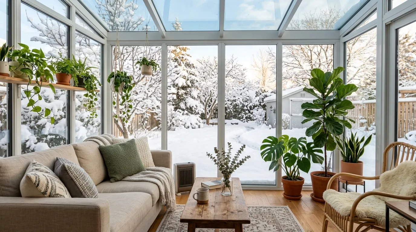 Interior of a four-season sunroom with insulated glass walls, furnished, snow visible outside