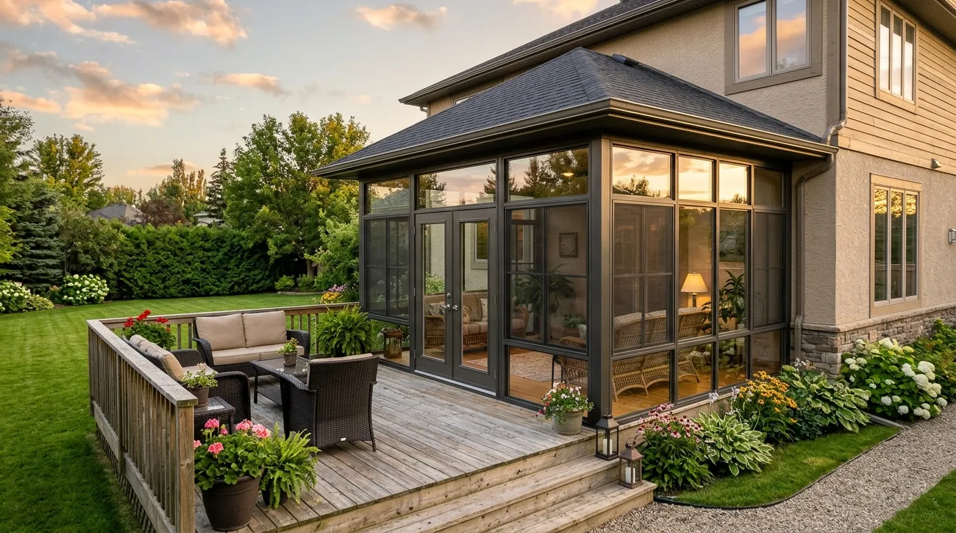 Three-season sunroom with large glass walls attached to a the Winnipeg area home, prairie backyard in summer