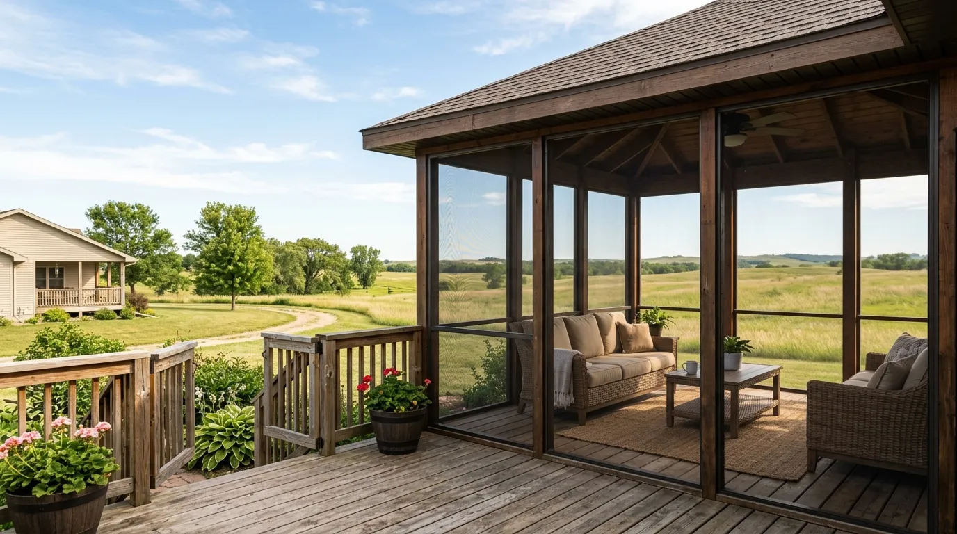 Screen room with a solid roof on a backyard deck, patio furniture inside