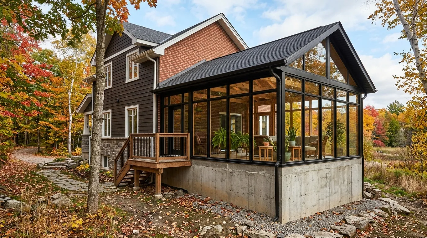 Side view of a sunroom addition showing the glass walls, roof and foundation of a prairie home